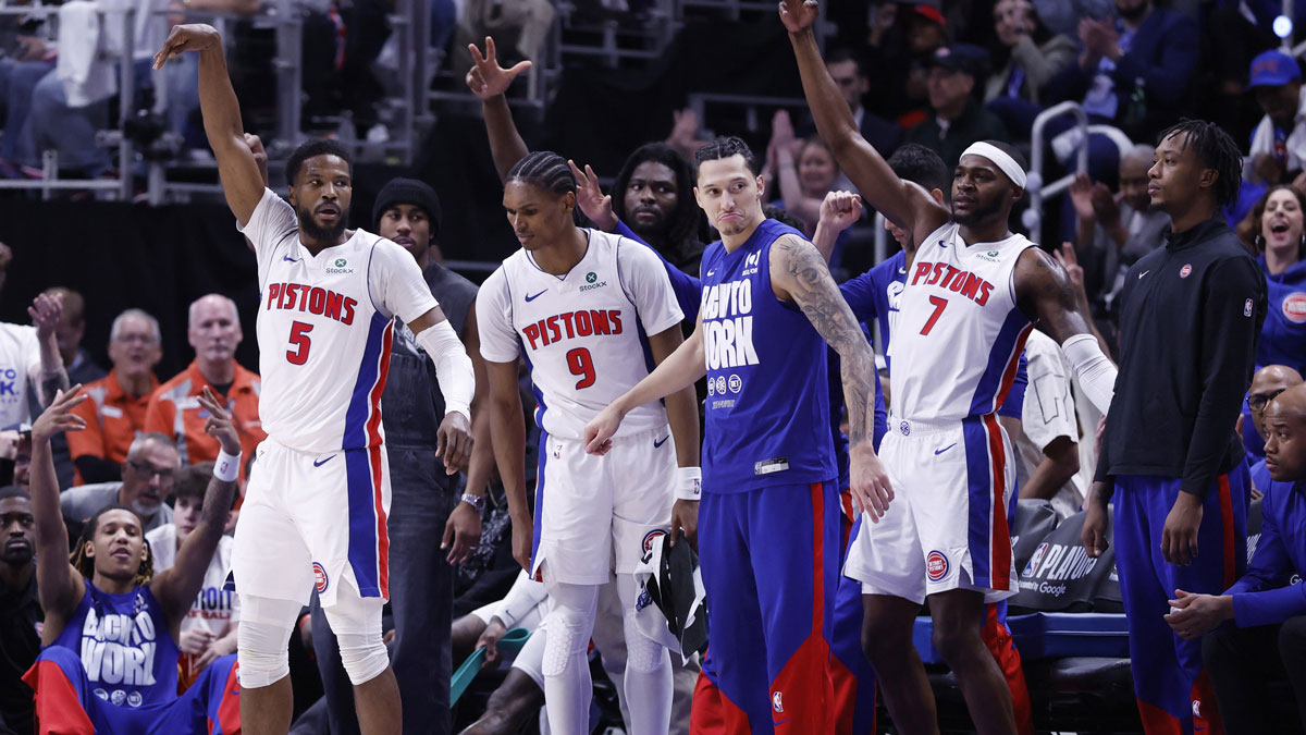 Detroit Pistons guard Malik Beasley (5) celebrates a three point basket in the first half against the New York Knicks during game six of first round for the 2024 NBA Playoffs at Little Caesars Arena.