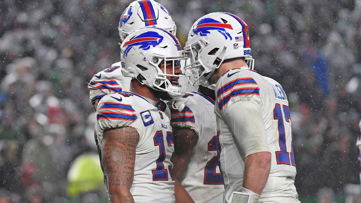 Buffalo Bills wide receiver Gabe Davis (13) celebrates touchdown with quarterback Josh Allen (17) during the fourth quarter against the Philadelphia Eagles at Lincoln Financial Field.
