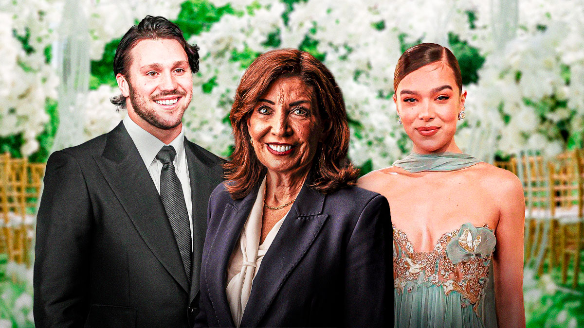 New York Governor Kathy Hochul in between Buffalo Bills quarterback Josh Allen and actress Hailee Steinfeld, who just held their wedding.