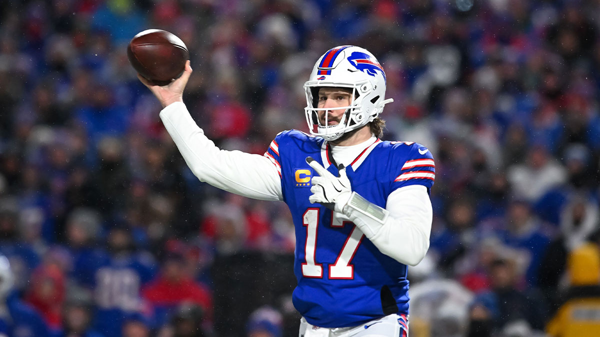 Buffalo Bills quarterback Josh Allen (17) throws a pass in the third quarter of a 2025 AFC divisional round game against the Baltimore Ravens at Highmark Stadium.