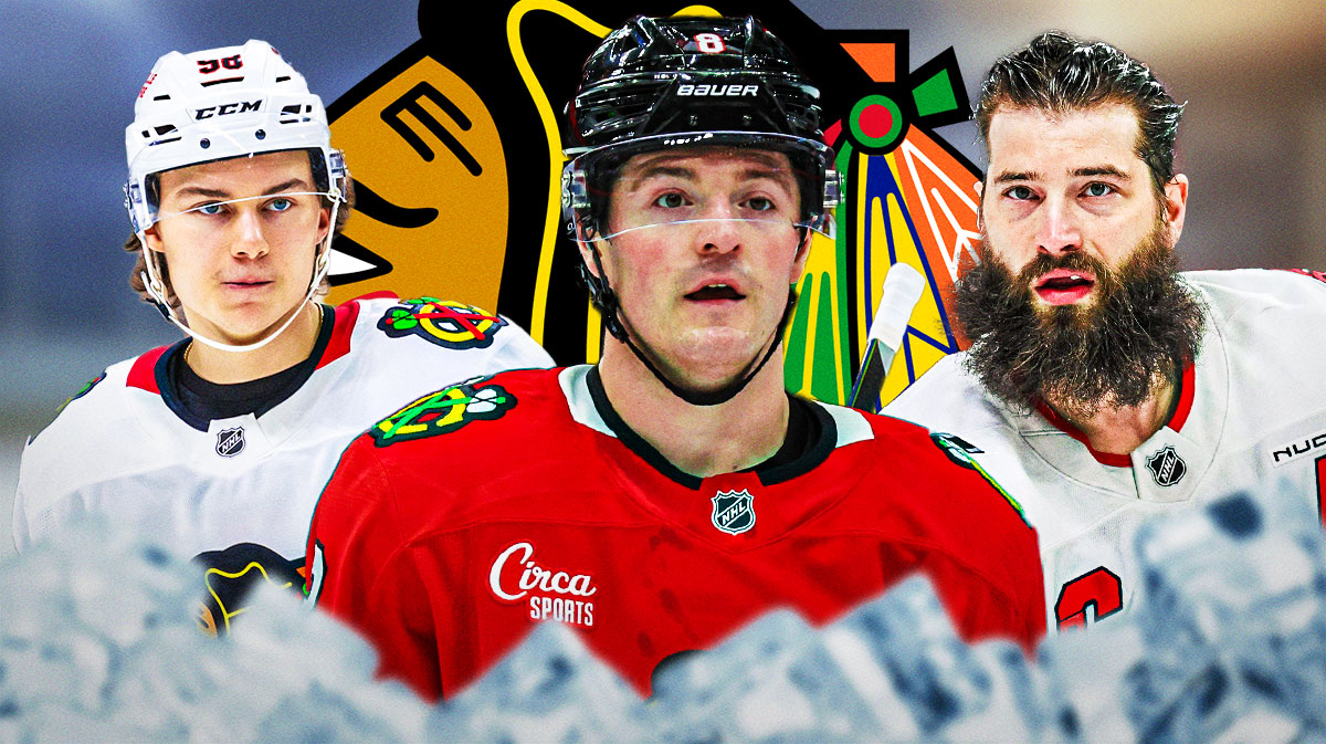 Ryan Donato in the center, Connor Bedard and Brent Burns on the sides. Blackhawks logo background, Blackhawks dream, blackhawks free agency, nhl free agency
