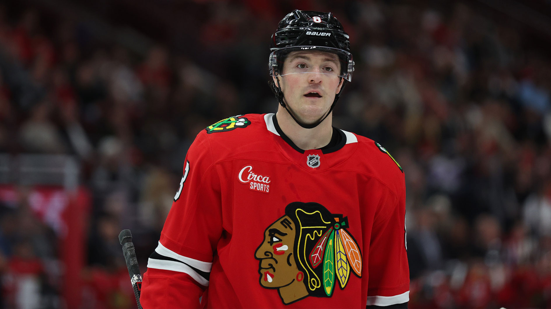 Chicago Blackhawks center Ryan Donato (8) waits for a faceoff during the first period against the Colorado Avalanche at United Center.