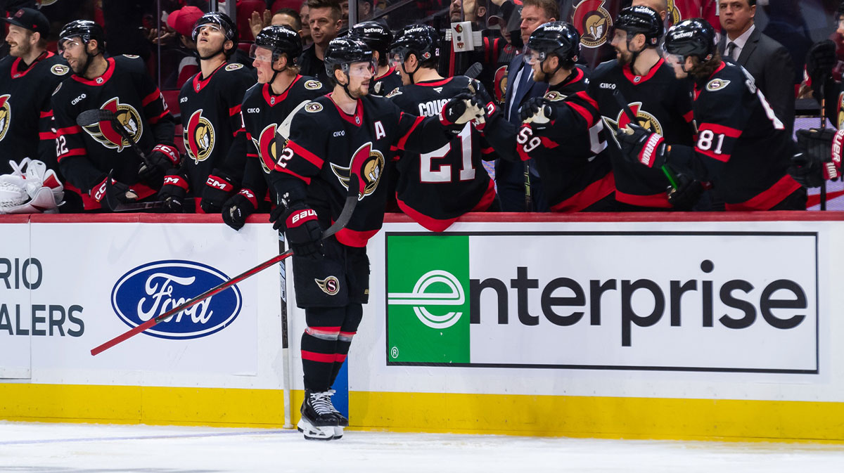 Ottawa Senators defenseman Thomas Chabot (72) celebrates his goal scored in the second period against the Chicago Blackhawks at the Canadian Tire Centre.