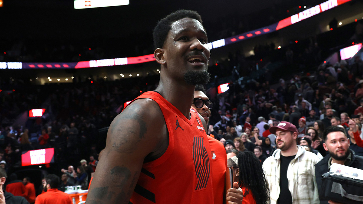 Trail Blazers center Deandre Ayton (2) reacts after helping secure a 121-119 overtime win against the Phoenix Suns at Moda Center
