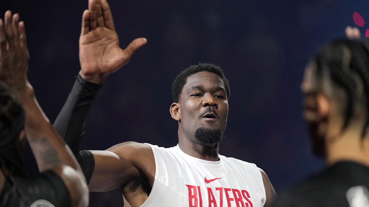 Blazers center Deandre Ayton (2) is introduced before the game against the Phoenix Suns at Moda Center