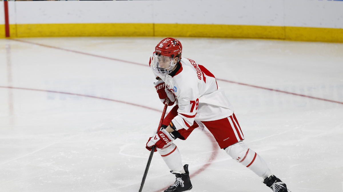 oston University defenseman Sascha Boumedienne (78) skates with the puck in the second period against the Cornell at Huntington Center.