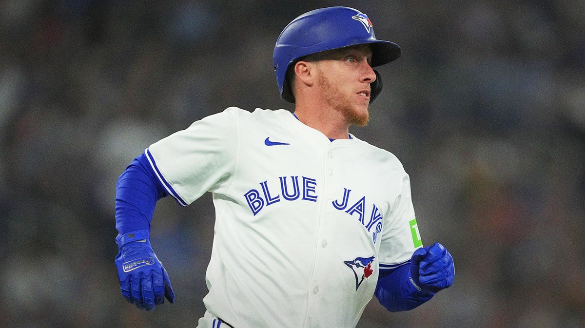 Toronto Blue Jays center fielder Myles Straw (3) runs to first base on his two run double against the Philadelphia Phillies during the third inning at Rogers Centre.