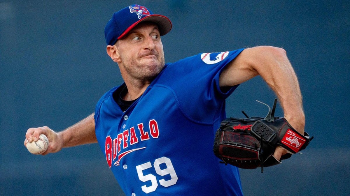 Buffalo’s Max Scherzer pitches in the first inning at Polar Park June 18. Scherzer is set to return to the Blue Jays soon.