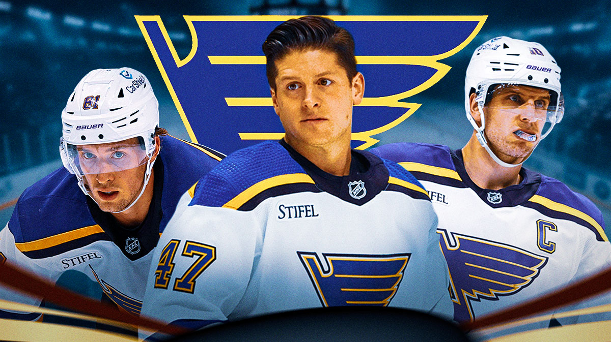 Torey Krug in the center, Dylan Holloway and Brayden Schenn on the sides. Blues logo in the background. Blue free agency, nhl free agency, Blues nightmare