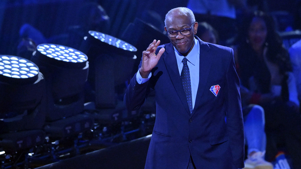 Bob McAdoo is honored during halftime during the 2022 NBA All-Star Game at Rocket Mortgage FieldHouse.