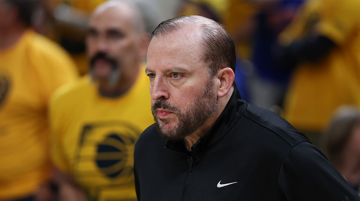 New York Knicks head coach Tom Thibodeau looks on prior to game six of the eastern conference finals against the Indiana Pacers for the 2025 NBA Playoffs at Gainbridge Fieldhouse.