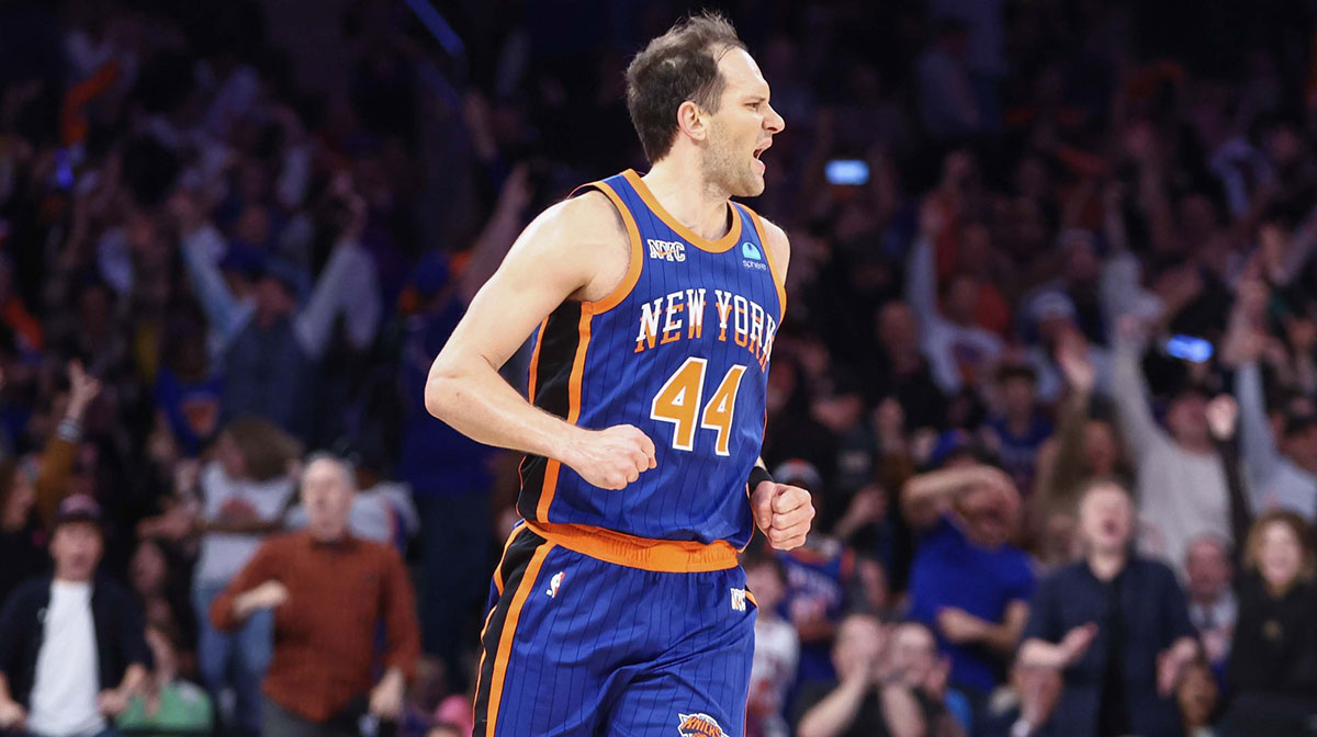 New York Knicks forward Bojan Bogdanovic (44) celebrates after making a three-point shot in the fourth quarter against the Chicago Bulls at Madison Square Garden.