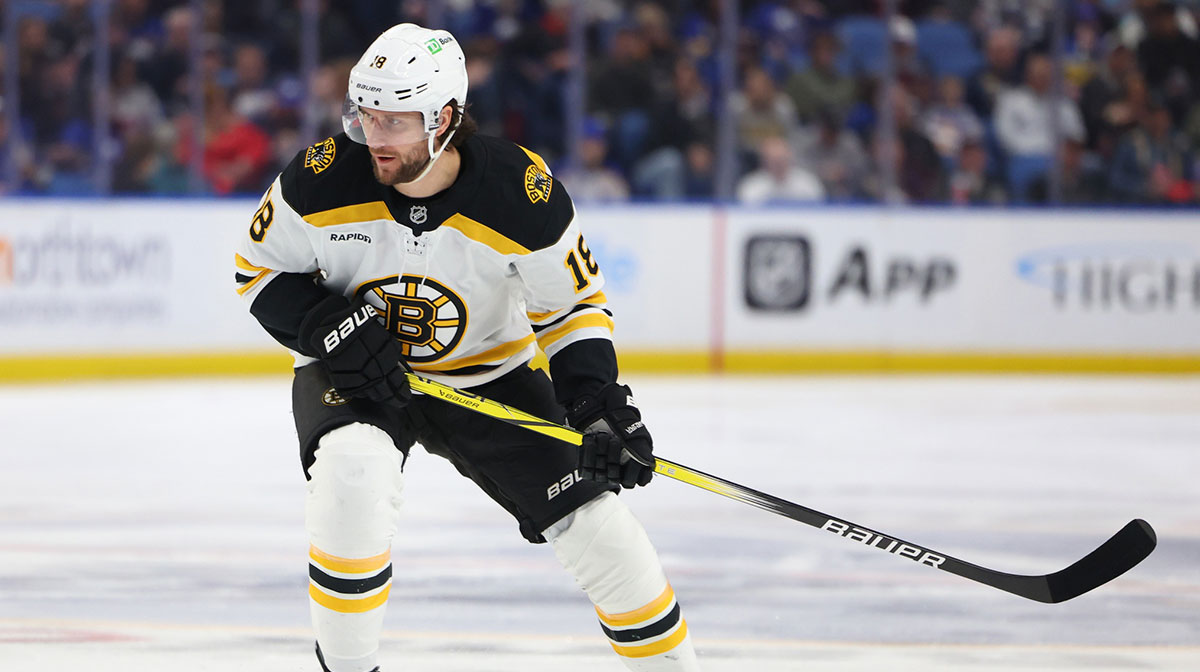 Boston Bruins center Pavel Zacha (18) looks for the puck during the first period against the Buffalo Sabres at KeyBank Center.