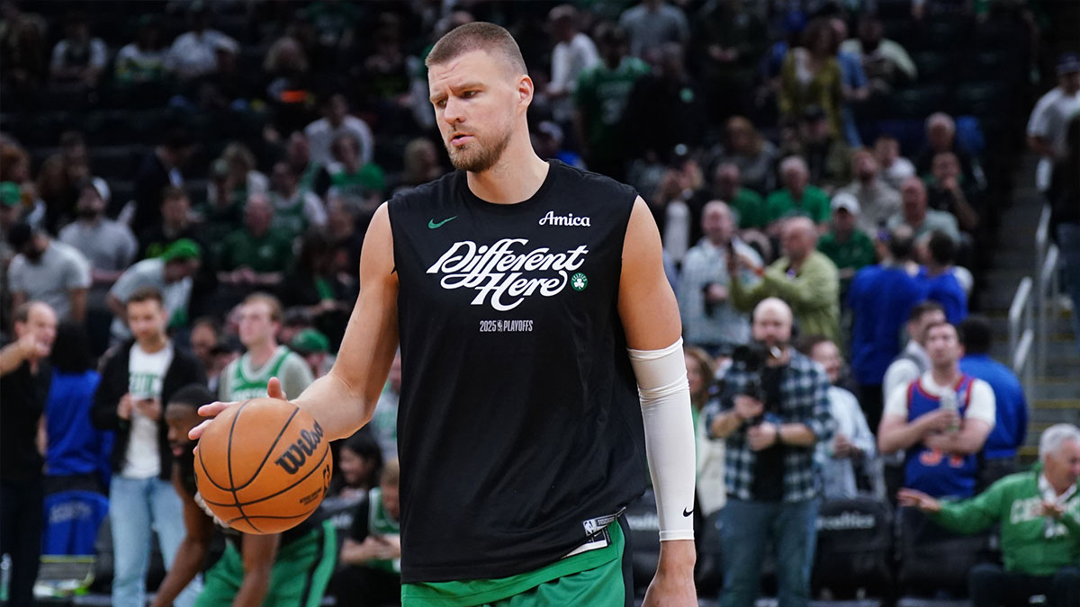 Boston Celtics center Kristaps Porzingis (8) warms up before the start of game two of the second round for the 2025 NBA Playoffs against the New York Knicks at TD Garden.
