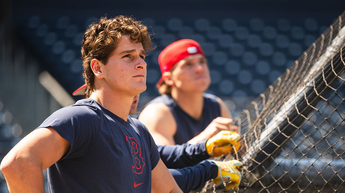 Roman Anthony watches a ball during batting practice at Polar Park on April 24, 2025. All eyes have been on Anthony, the No. 1 prospect in baseball, this season.