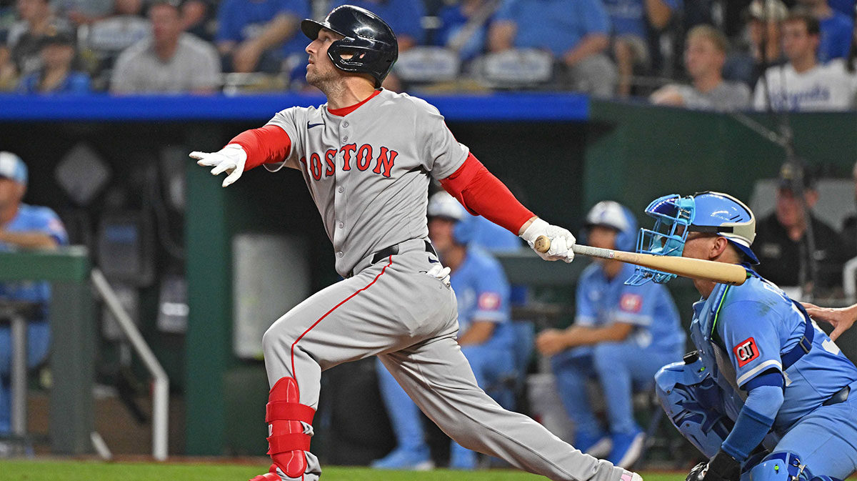 Boston Red Sox third baseman Alex Bregman (2) at bat in the eighth inning against the Kansas City Royals at Kauffman Stadium. Tigers Devers