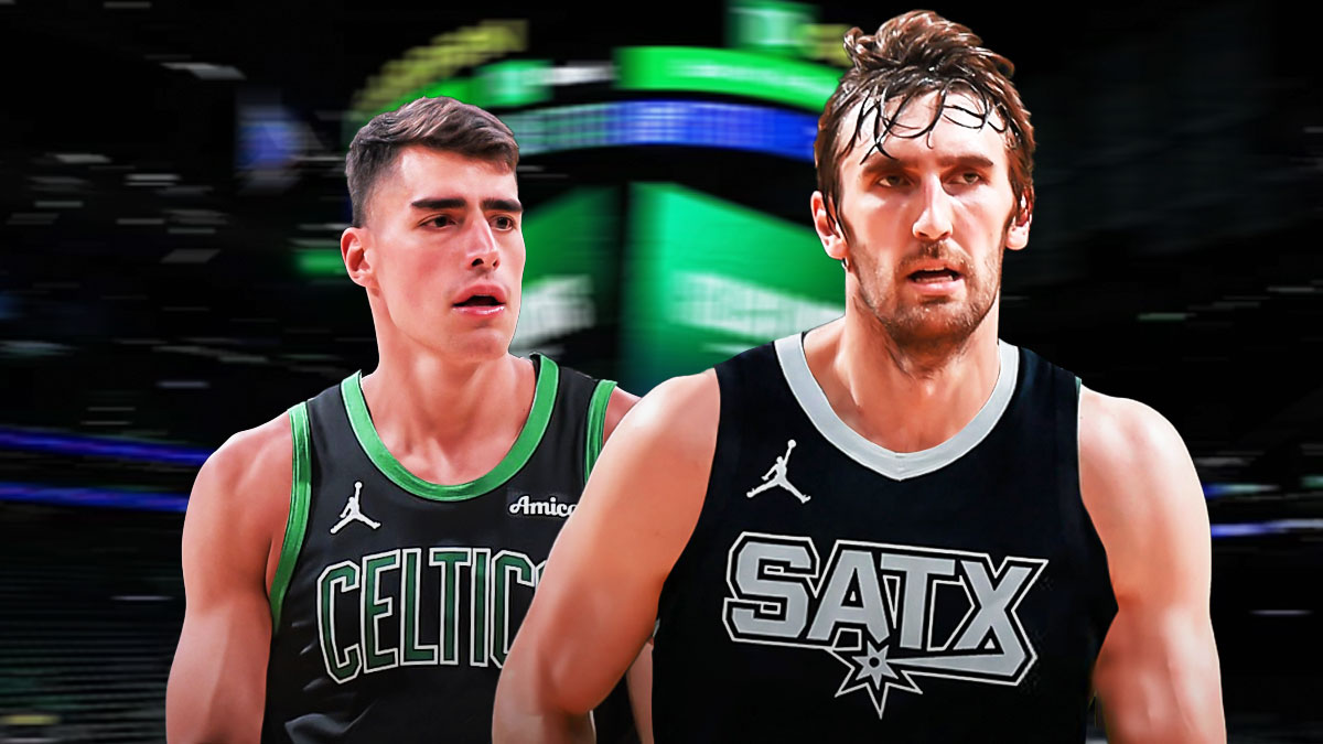 Luke Kornet in Spurs jersey, Luka Garza in Celtics jersey on a generic celtics or nba background