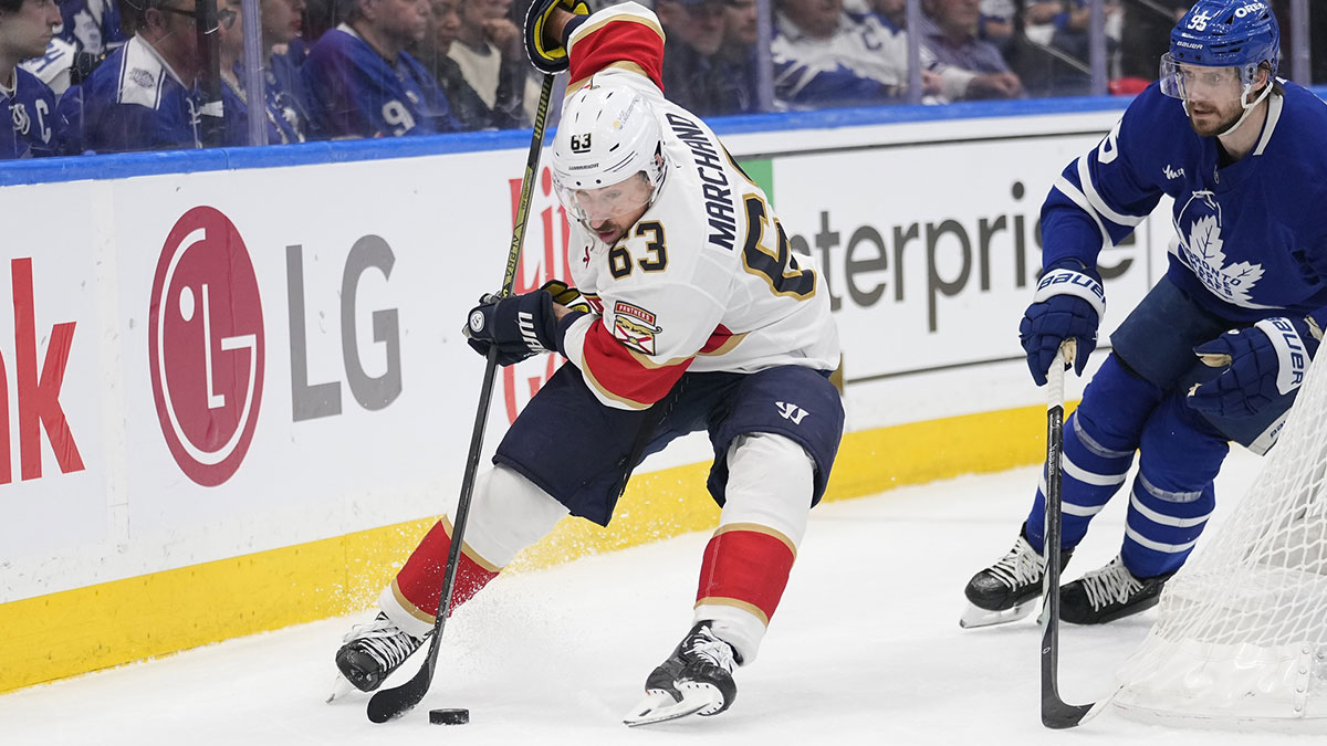 Florida Panthers forward Brad Marchand (63) controls the puck against Toronto Maple Leafs defenceman Oliver Ekman-Larsson (95) during the second period of game seven of the second round of the 2025 Stanley Cup Playoffs at Scotiabank Arena.