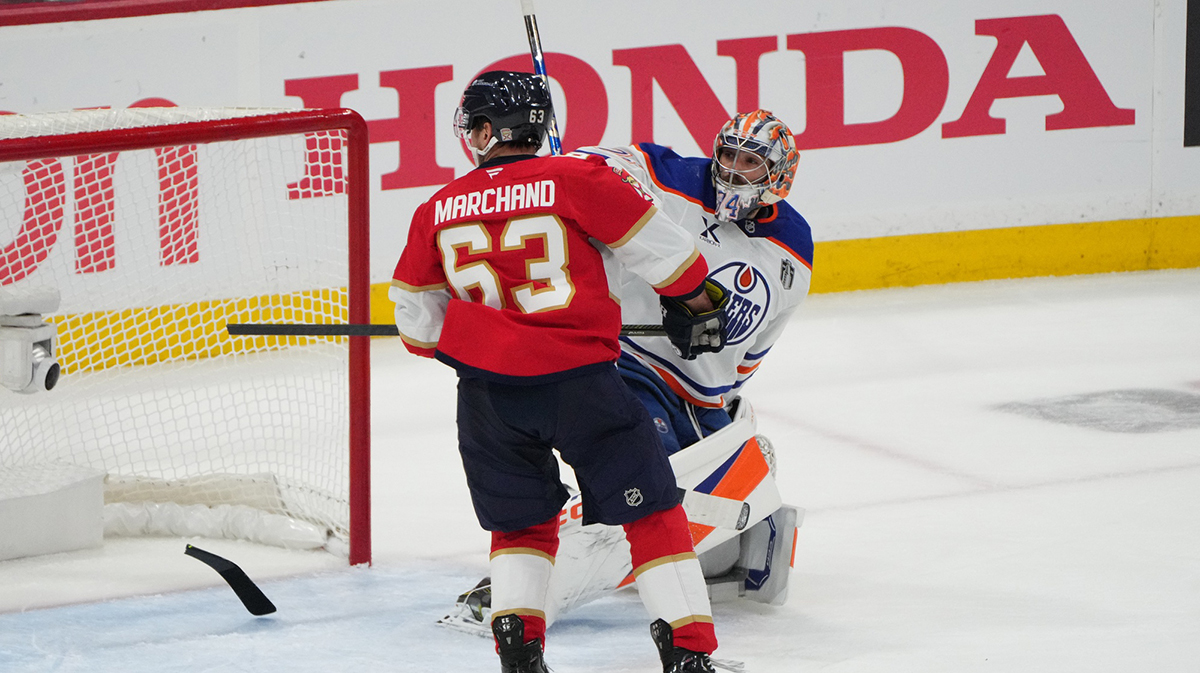 Florida Panthers forward Brad Marchand (63) breaks a stick in front of Edmonton Oilers goaltender Stuart Skinner (74) during the first period in game three of the 2025 Stanley Cup Final at Amerant Bank Arena.