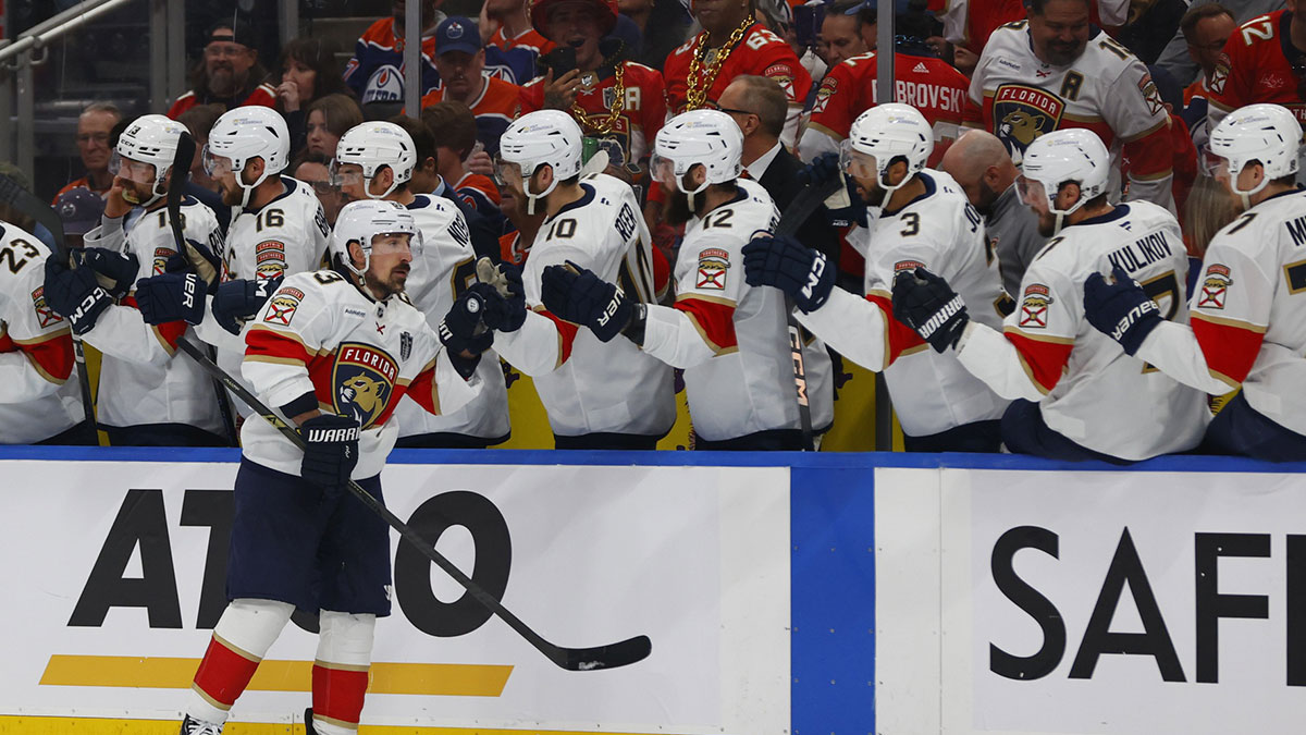 Florida Panthers forward Brad Marchand (63) celebrates scoring during the first period against the Edmonton Oilers in game five of the 2025 Stanley Cup Final at Rogers Place.