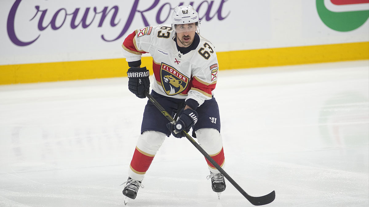 Florida Panthers forward Brad Marchand (63) skates during warm up before game five of the second round of the 2025 Stanley Cup Playoffs against the Toronto Maple Leafs at Scotiabank Arena.