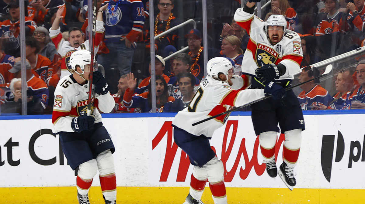 Florida Panthers center Brad Marchand (63) reacts after making the game winning goal against the Edmonton Oilers during double overtime in game two of the 2025 Stanley Cup Final at Rogers Place.
