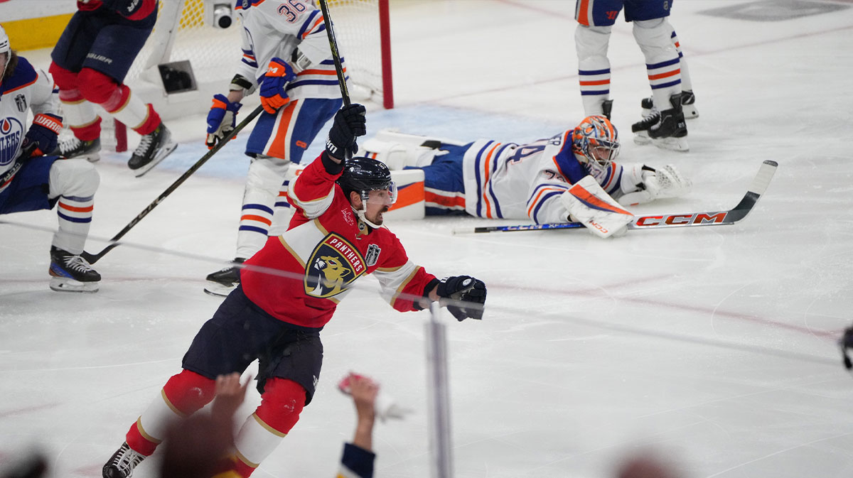 Florida Panthers forward Brad Marchand (63) celebrates scoring against Edmonton Oilers goaltender Stuart Skinner (74) during the first period in game three of the 2025 Stanley Cup Final at Amerant Bank Arena.