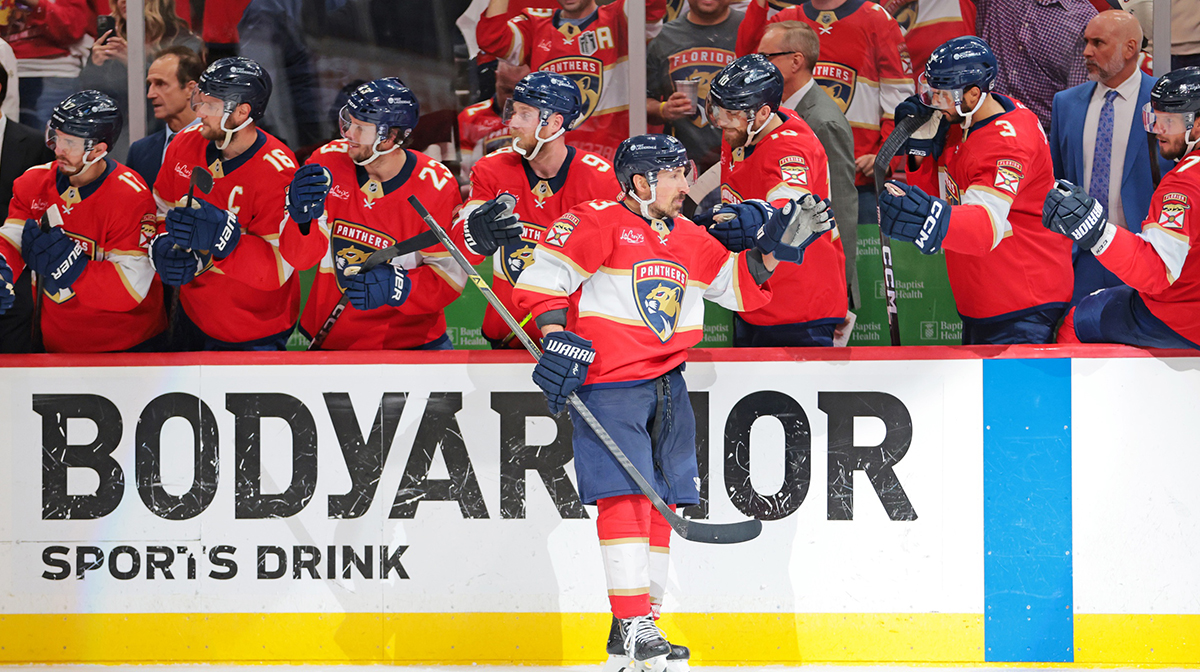Florida Panthers center Brad Marchand (63) celebrates after a goal during the third period against the Carolina Hurricanes in game three of the Eastern Conference Final of the 2025 Stanley Cup Playoffs at Amerant Bank Arena