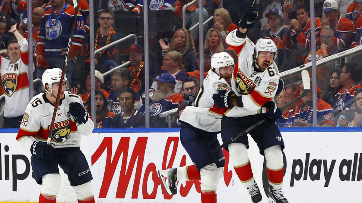 Florida Panthers center Brad Marchand (63) reacts after making the game winning goal against the Edmonton Oilers during double overtime in game two of the 2025 Stanley Cup Final at Rogers Place.