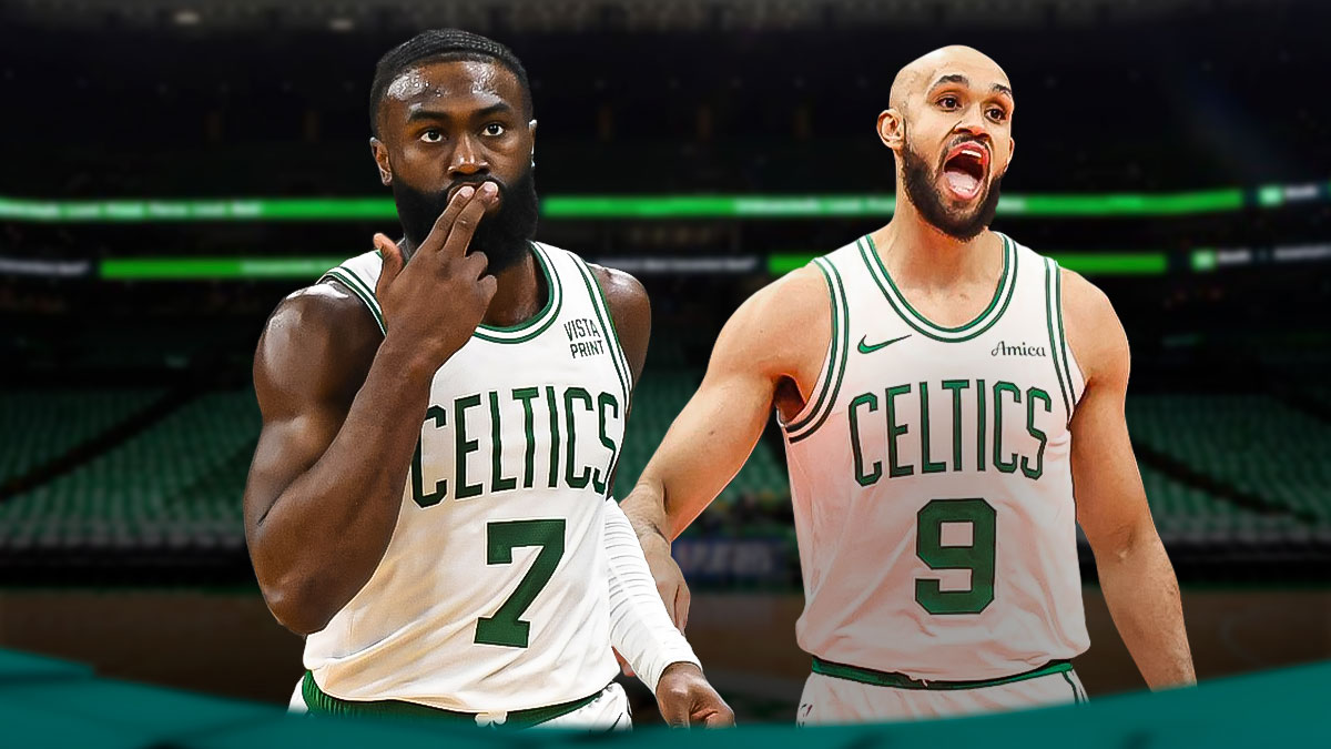 Derrick White and Jaylen Brown smiling on a Celtics background