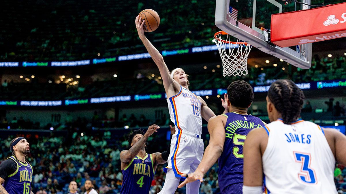 Oklahoma City Thunder center Branden Carlson (15) grabs a rebound against New Orleans Pelicans guard Elfrid Payton (4) during the first half at Smoothie King Center.