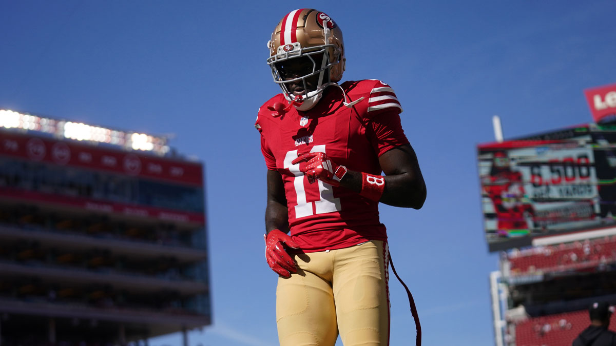 San Francisco 49ers wide receiver Brandon Aiyuk (11) walks on the field before the start of the game against the Kansas City Chiefs at Levi's Stadium.