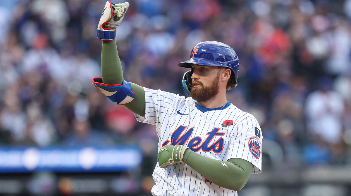 New York Mets left fielder Brandon Nimmo (9) reacts after hitting a single during the eighth inning against the Chicago White Sox at Citi Field.
