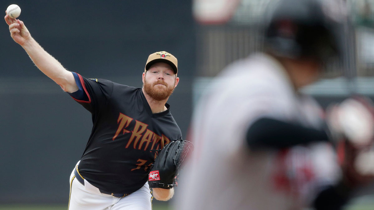 Milwaukee Brewers’ pitcher Brandon Woodruff during a rehabilitation start, following shoulder surgery in November 2023, with the Wisconsin Timber Rattlers.
