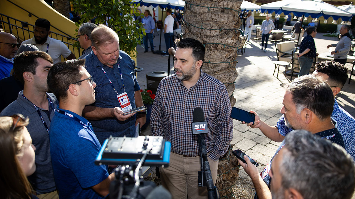 Atlanta Braves president of baseball operations Alex Anthopoulos speaks to the media during the MLB General Manager's Meetings at Omni Scottsdale Resort & Spa.