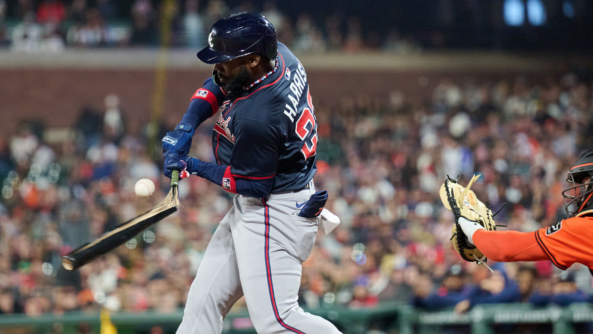 Atlanta Braves center fielder Michael Harris II (23) breaks his bat against San Francisco Giants catcher Patrick Bailey (14) during the tenth inning at Oracle Park.