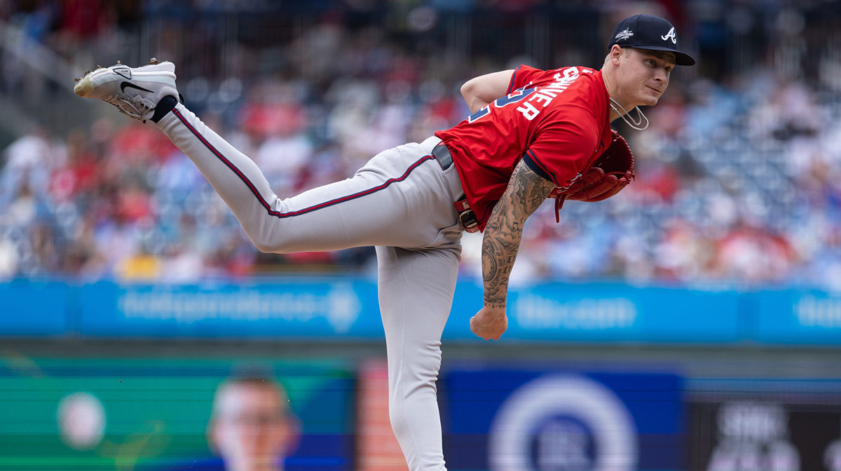 Atlanta Braves pitcher AJ Smith-Shawver (32) throws a pitch during the second inning against the Philadelphia Phillies at Citizens Bank Park.
