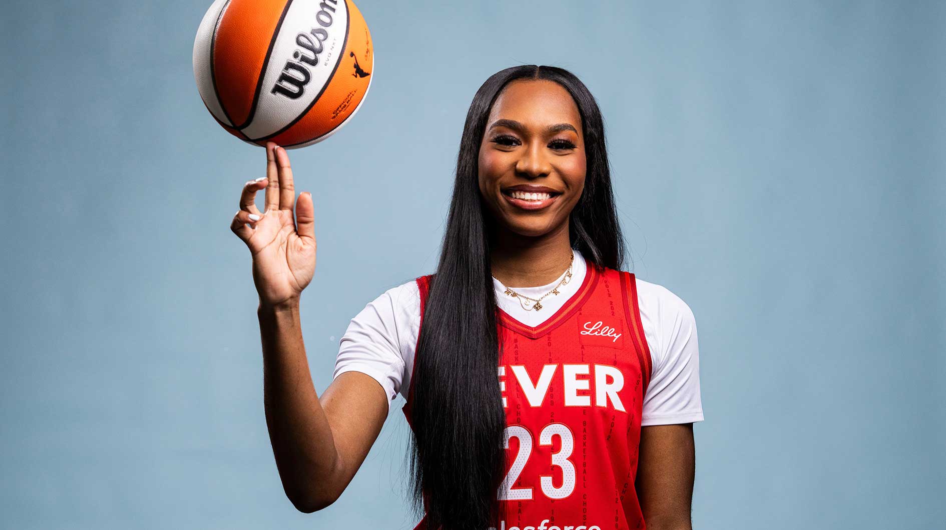 Indiana Fever guard Bree Hall poses for a photo Wednesday, April 30, 2025, during the Indiana Fever media day at Gainbridge Fieldhouse in Indianapolis.