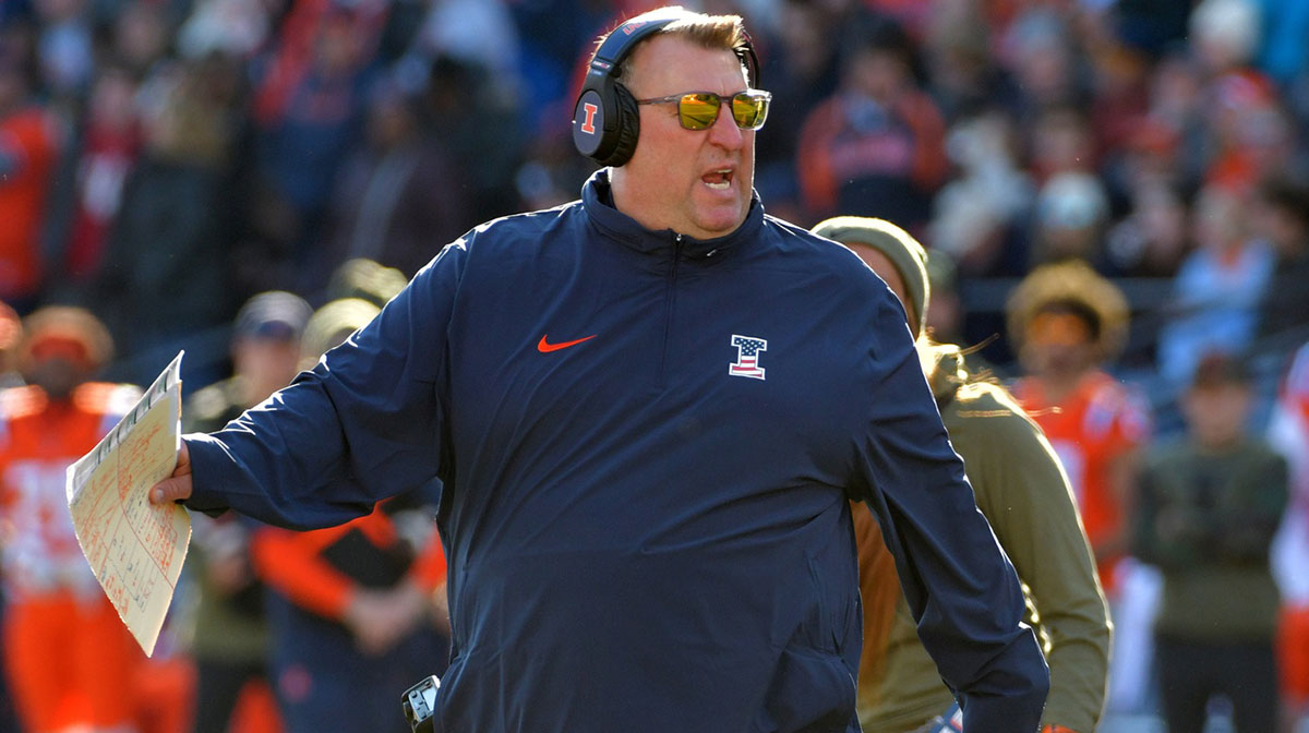 Illinois Fighting Illini head coach Bret Bielema reacts to a call during the second half against the Indiana Hoosiers at Memorial Stadium.