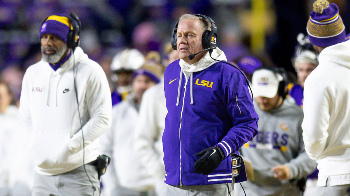 LSU Tigers head coach Brian Kelly looks on against the Oklahoma Sooners during the fourth quarter at Tiger Stadium.