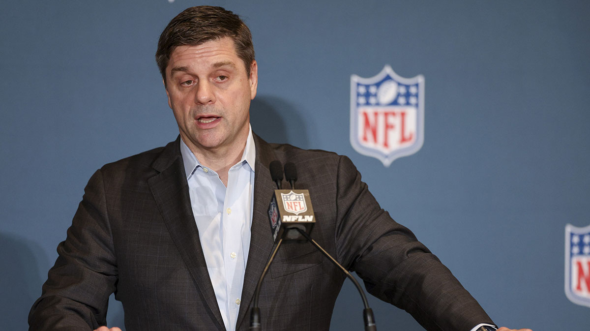 Mar 26, 2024; Orlando, FL, USA; NFL executive vice president and chief of media and business officer Brian Rolapp speaks to media during the annual league meetings at the JW Marriott. Nathan Ray Seebeck-Imagn Images