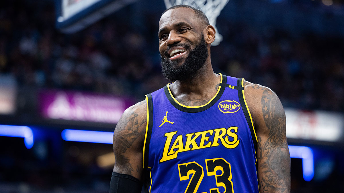 Los Angeles Lakers forward LeBron James (23) reacts in the second half against the Indiana Pacers at Gainbridge Fieldhouse.