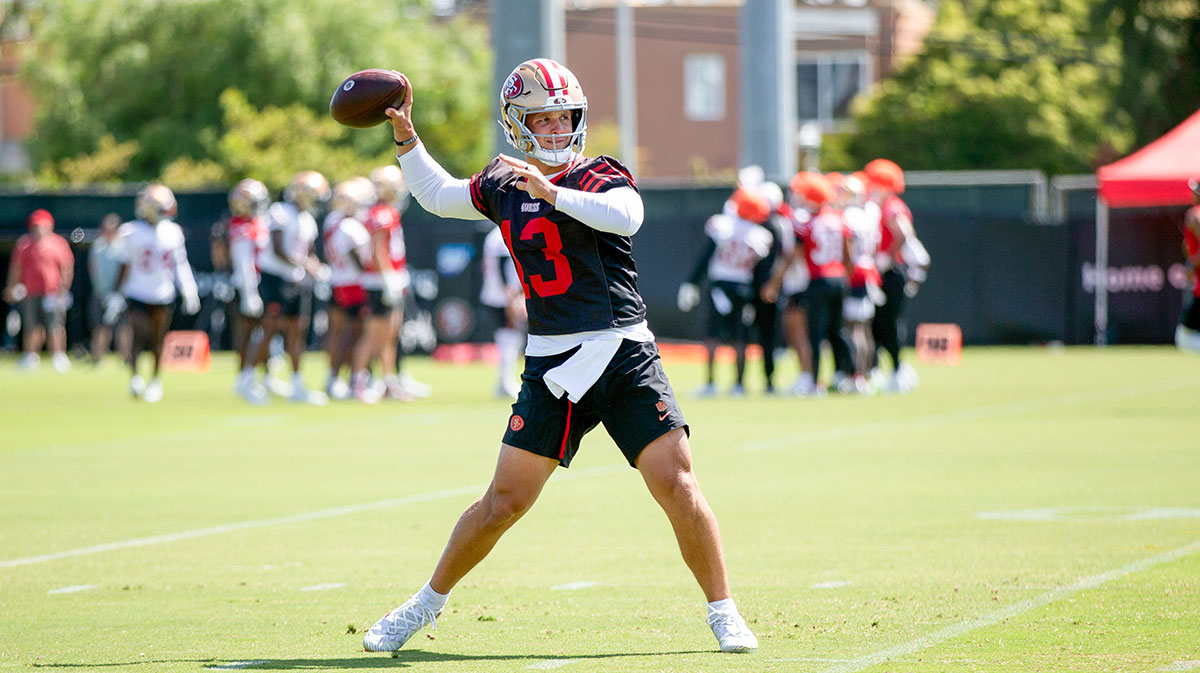 San Francisco 49ers quarterback Brock Purdy (13) throws a pass during a team OTA at Levi's Stadium.