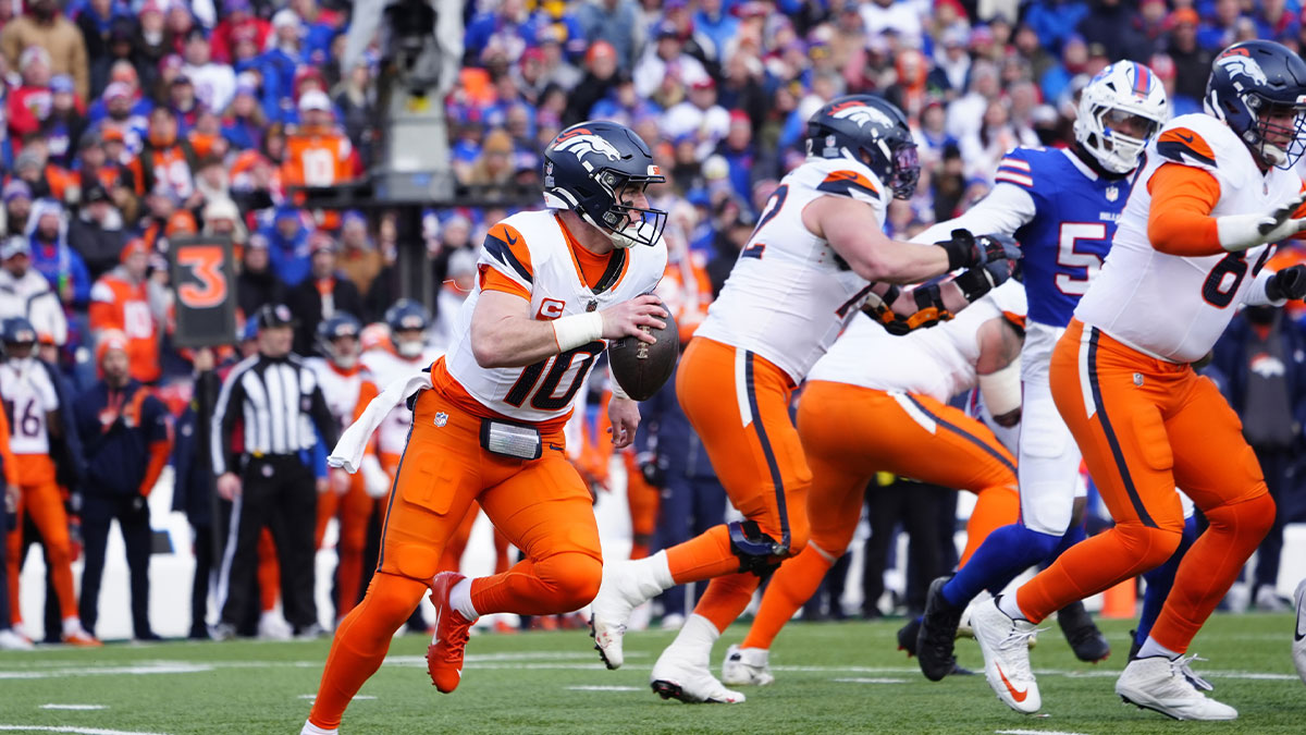 Denver Broncos quarterback Bo Nix (10) runs out of the pocket during the second quarter against the Buffalo Bills in an AFC wild card game at Highmark Stadium.