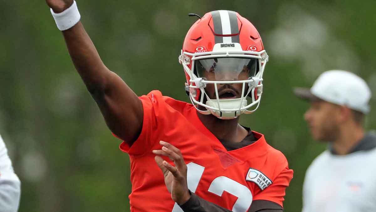 Cleveland Browns quarterback Shedeur Sanders (12) participates in position drills during an NFL practice at the Cleveland Browns training facility