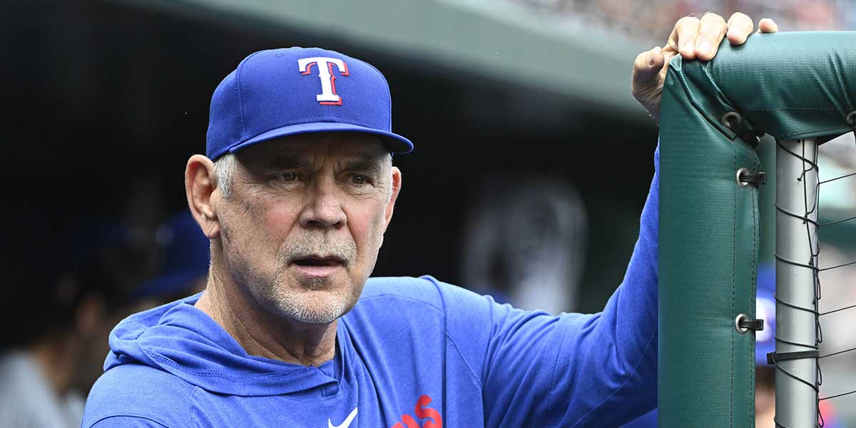 uJun 8, 2025; Washington, District of Columbia, USA; Texas Rangers manager Bruce Bochy (15) in the dugout before the game against the Washington Nationals at Nationals Park. Mandatory Credit: Brad Mills-Imagn Images