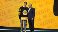 James Hagens is selected as the seventh overall pick to the Boston Bruins in the first round of the 2025 NHL Draft at Peacock Theater.