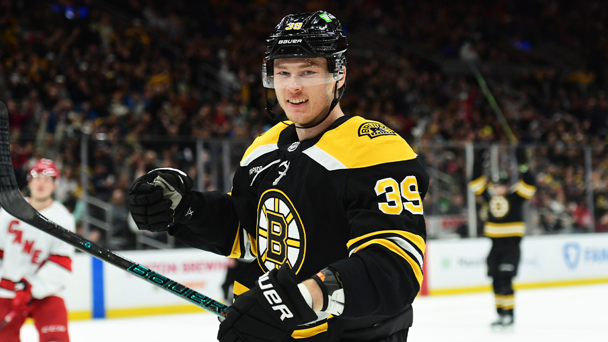 Boston Bruins center Morgan Geekie (39) reacts after scoring a goal during the first period against the Carolina Hurricanes at TD Garden.