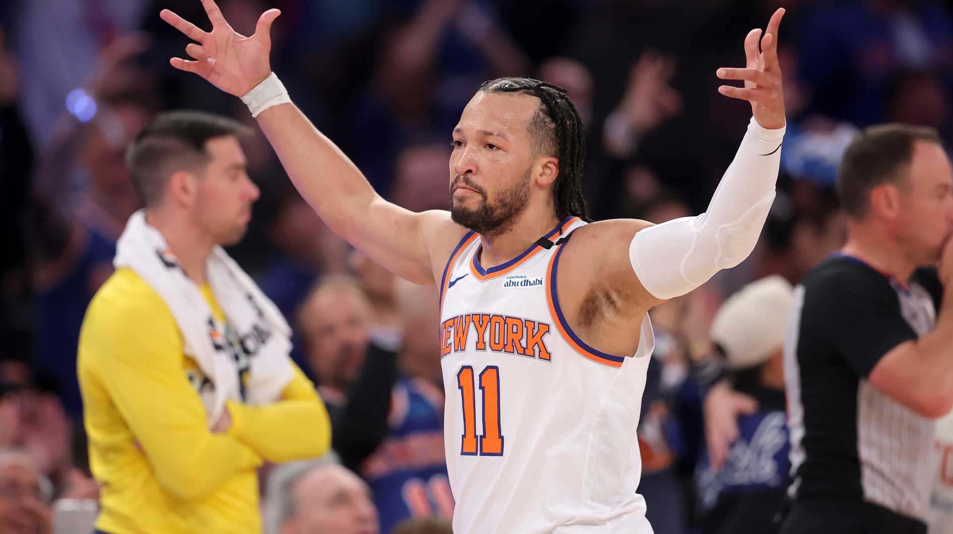 New York Knicks guard Jalen Brunson (11) celebrates his three point shot against the Indiana Pacers during the first quarter of game five of the eastern conference finals during the 2025 NBA Playoffs at Madison Square Garden.