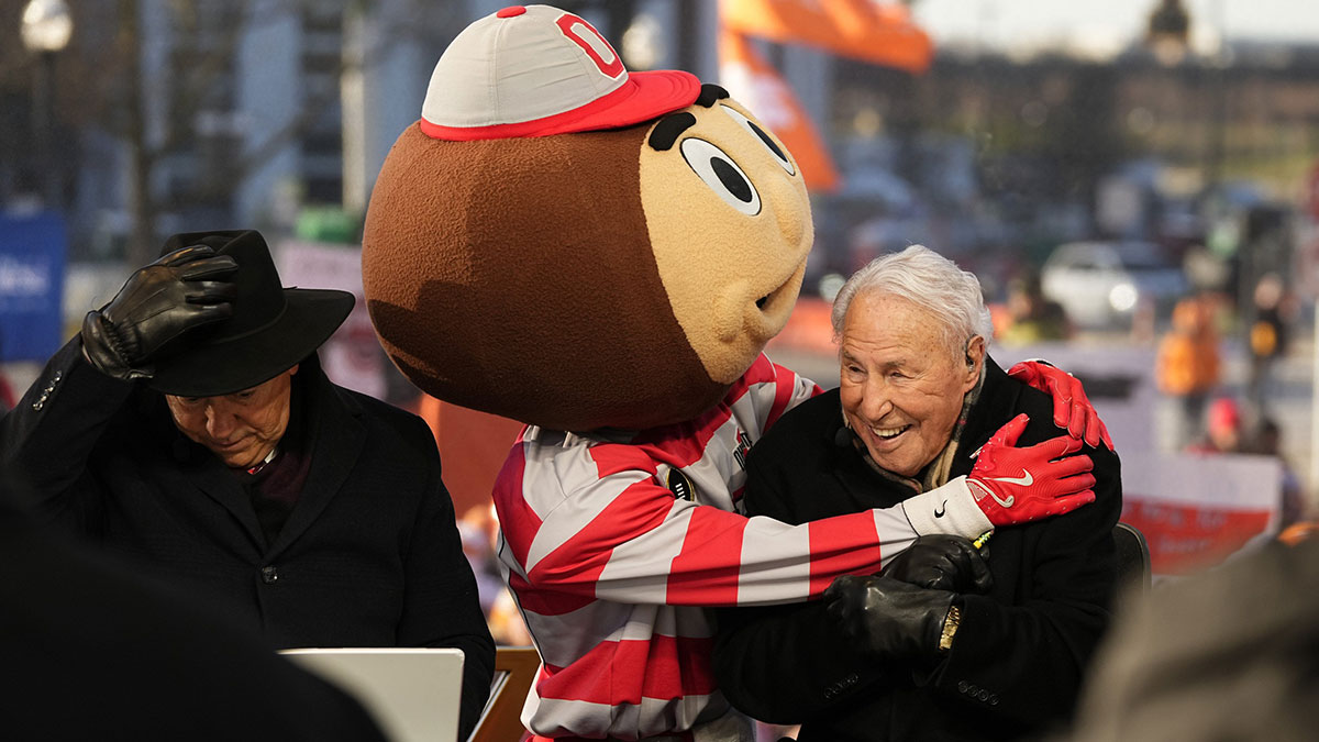 Ohio State mascot Brutus interacts with Lee Corso on the set of ESPN College GameDay prior to the College Football Playoff first round game between the Ohio State Buckeyes and Tennessee Volunteers